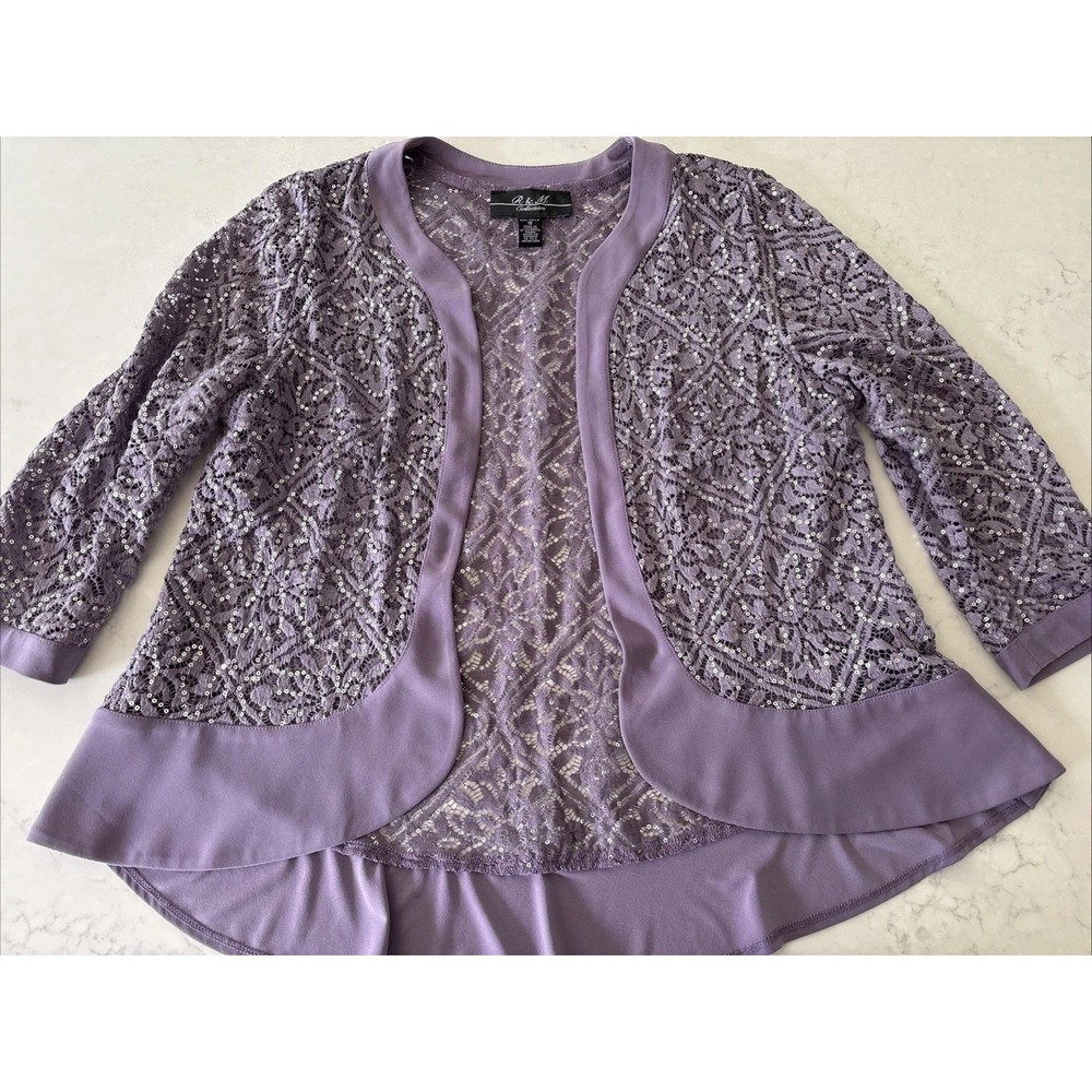 R&M Richards Lace Open Jacket Women's 12 Lilac Purple Floral 3/4 Sleeve Sequined